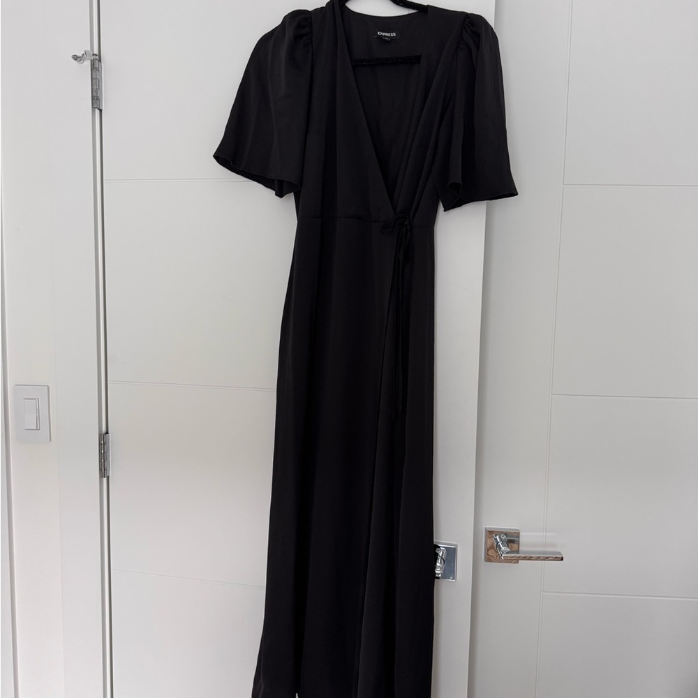 Express Black Maxi Wrap Dress with Flutter Sleeves